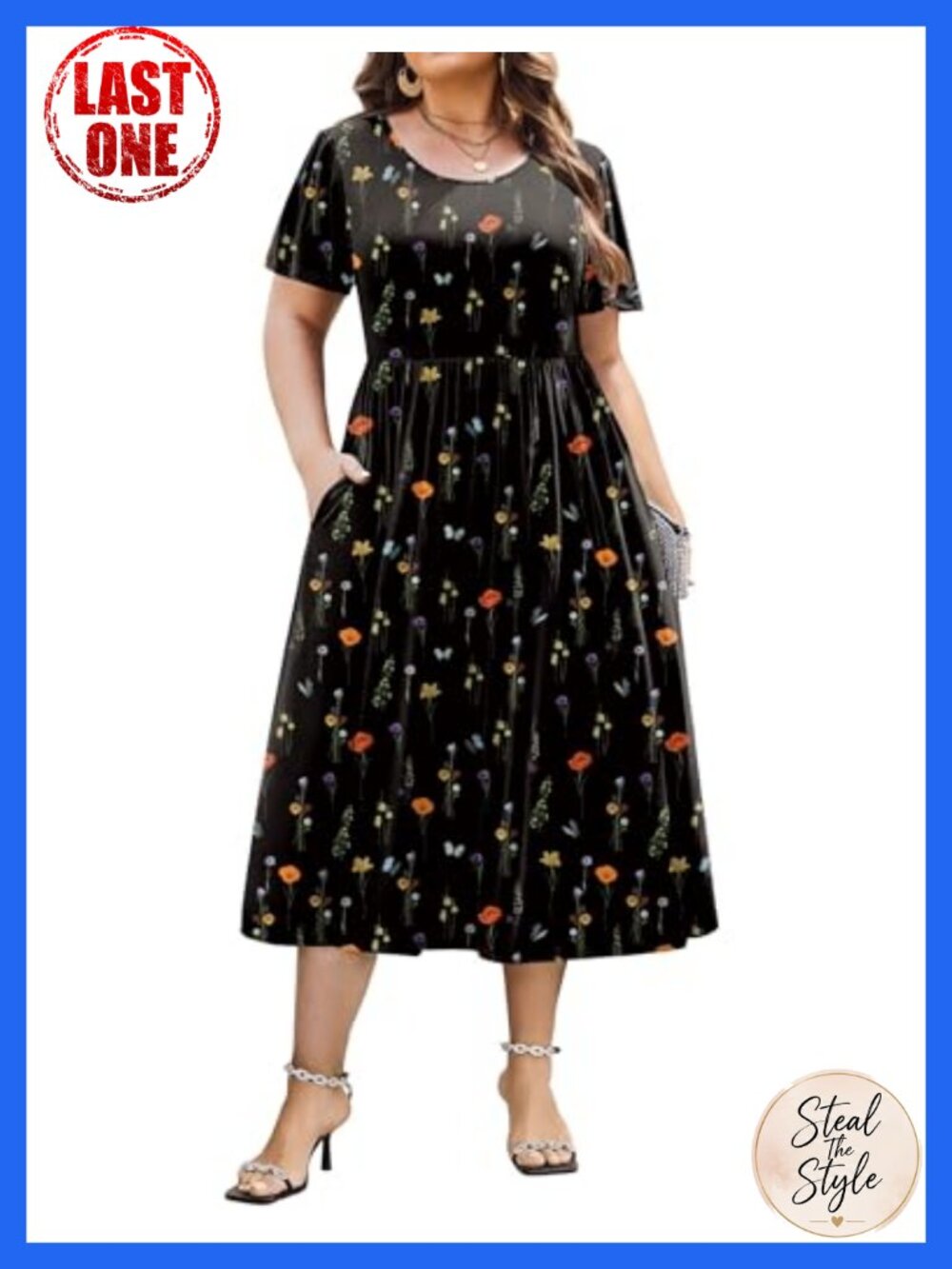 Plus Size Short Sleeve Midi Dress Floral Casual Summer Pockets
